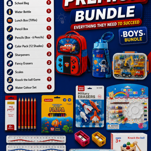 Back To School Premium Boys Bundle - Complete School Supplies Kit with Bag, Water Bottle, Lunch Box & Free Gift