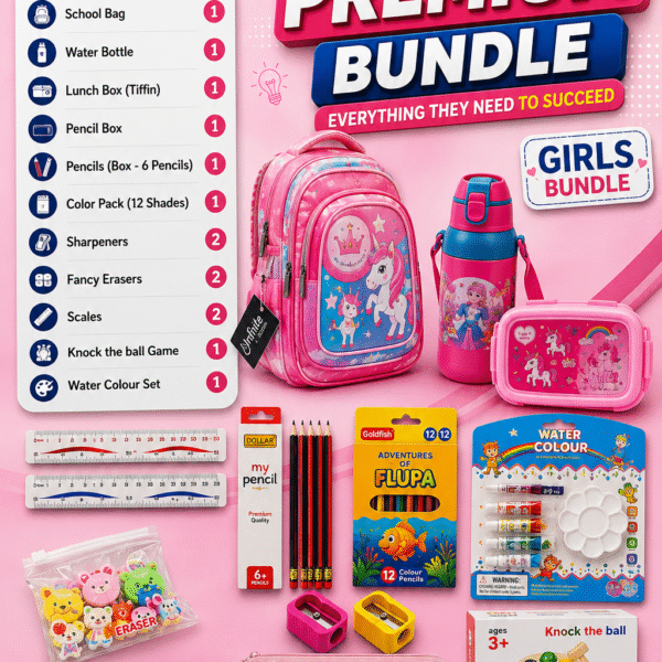 Back To School Premium Girls Bundle - Complete School Supplies Kit with Unicorn Bag, Water Bottle, Lunch Box & Free Gift